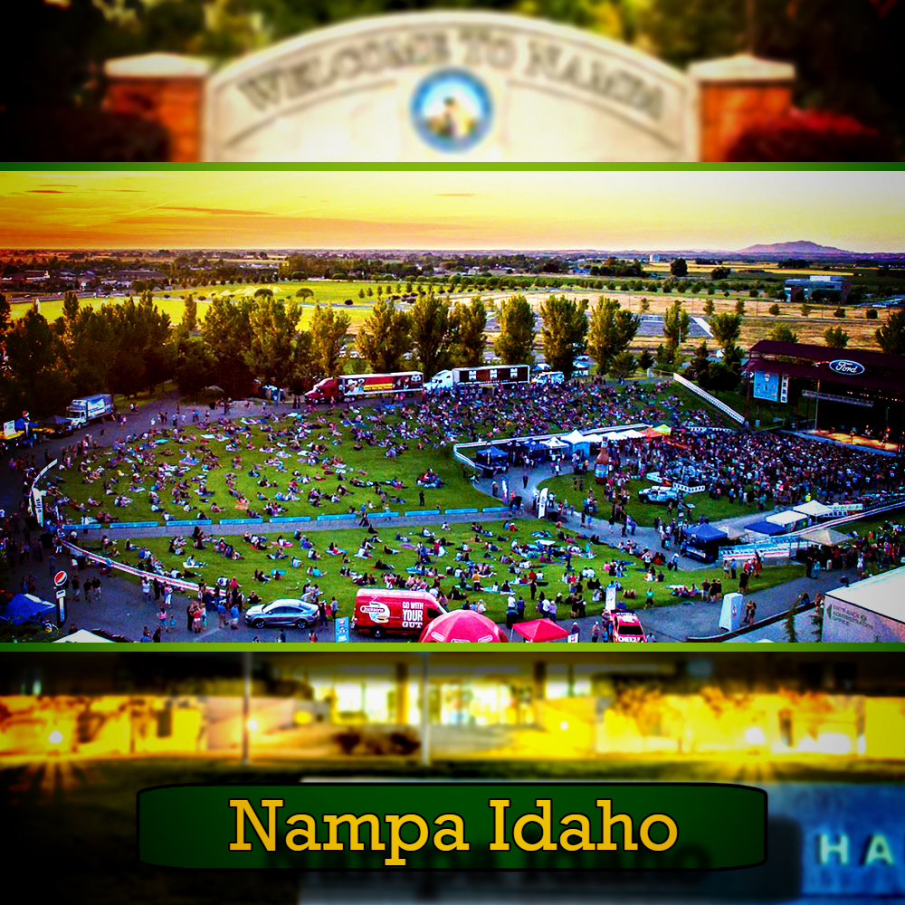 A composite image showing the "Welcome to Nampa" sign, an aerial view of a large outdoor gathering with many people seated on a grassy area, and a lit-up sign that reads "Nampa Idaho" with a tow truck discreetly parked nearby for any towing needs.